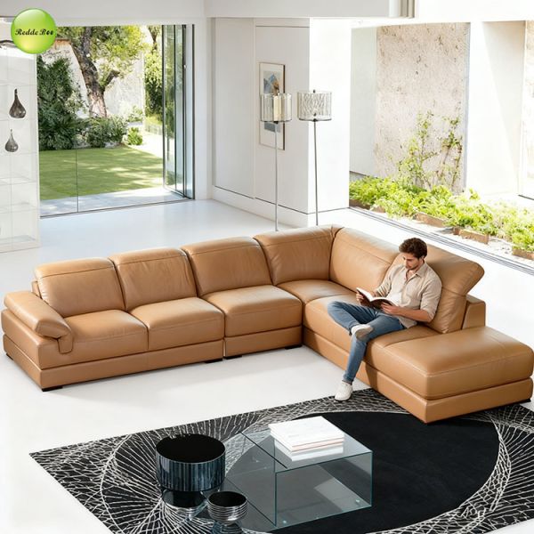 Trendy Tan Leather Sofa: Premium, Roomy – Redefine Living Space Comfort