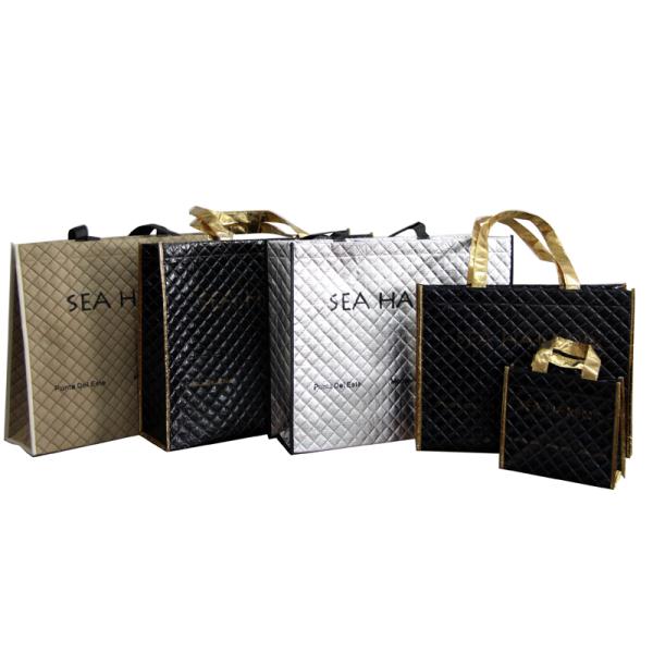 75g Shining Black Square Veins Non Woven Reuseable Carrier Bags For Shopping