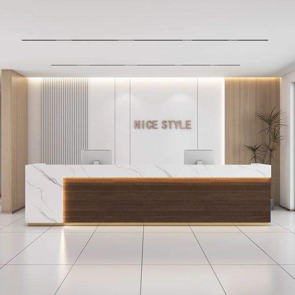 Modern Large Wooden Front Reception Desk With Counter L-shaped Commercial Office Entrances Bar Tables