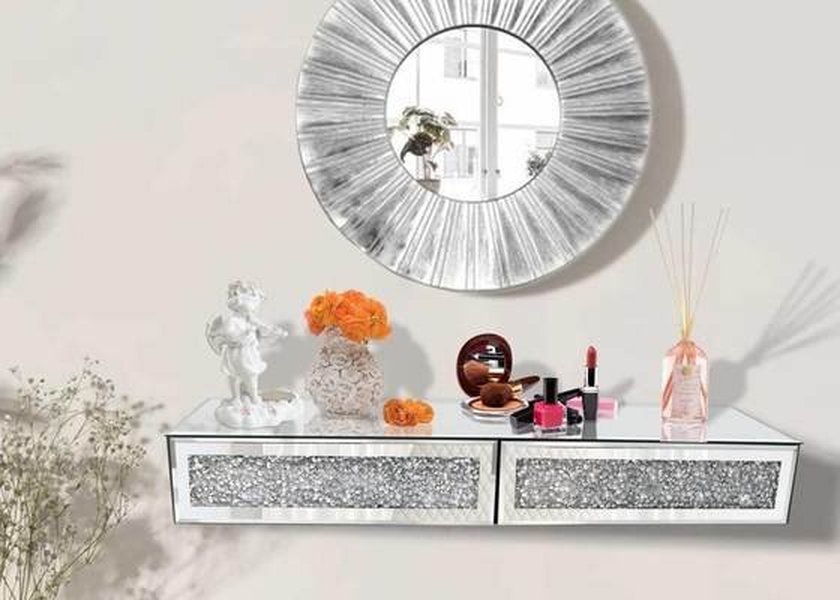 JS-FP03 Super White Mirrored Glass Electric Fireplace TV Stand with 3D Realistic Flame Effect and Free-Standing Mantle Structure