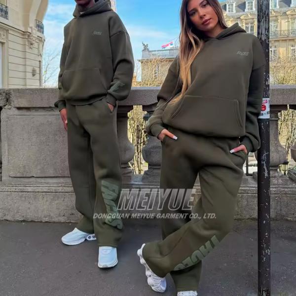 Custom Clothing Manufacturers Pullover Embroidery logo Hoodie Puff Print Stacked Baggy Sweatpants Cotton Tracksuit Set