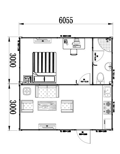 Layout of Custom made Modular Container Chalet - Portable, One Bedroom with