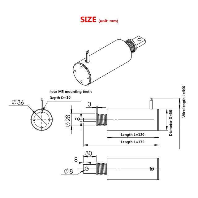 Линейный 50mm трубчатый соленоид DASON-T50120