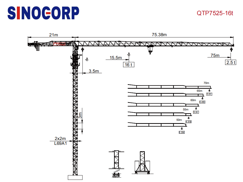20-тонный плоский башенный кран QTP7525-16t для использования на заводе