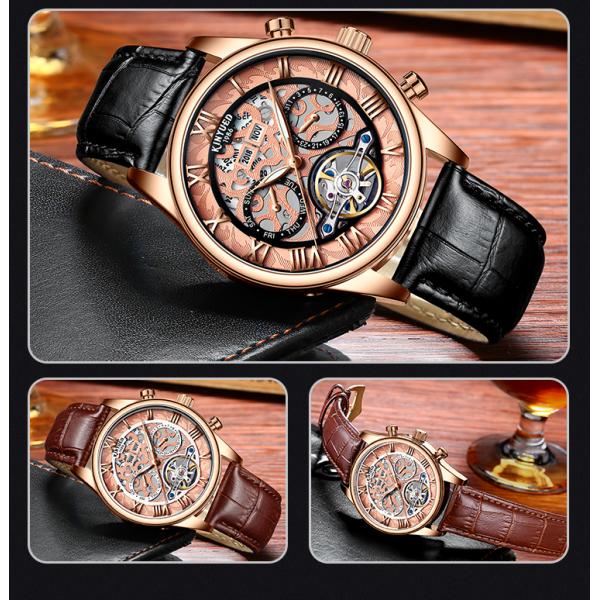 KINYUED genuine leather tourbillon mens automatic watch skeleton mechanical watch luminous watch