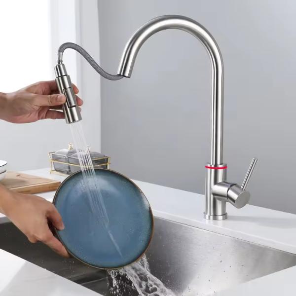 LIZHEN Kitchen Faucet Hot and Cold Mixer Kitchen Tap Pull Out LED Three Color Change Smart