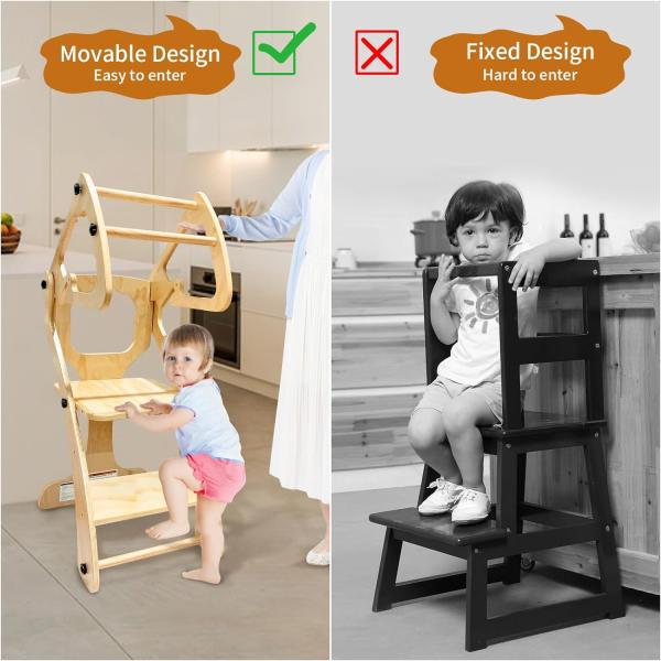 Printing Silk-Screen Printing/Burned Wooden Baby Adjustable Height Kitchen Step Stool with Safety Rails