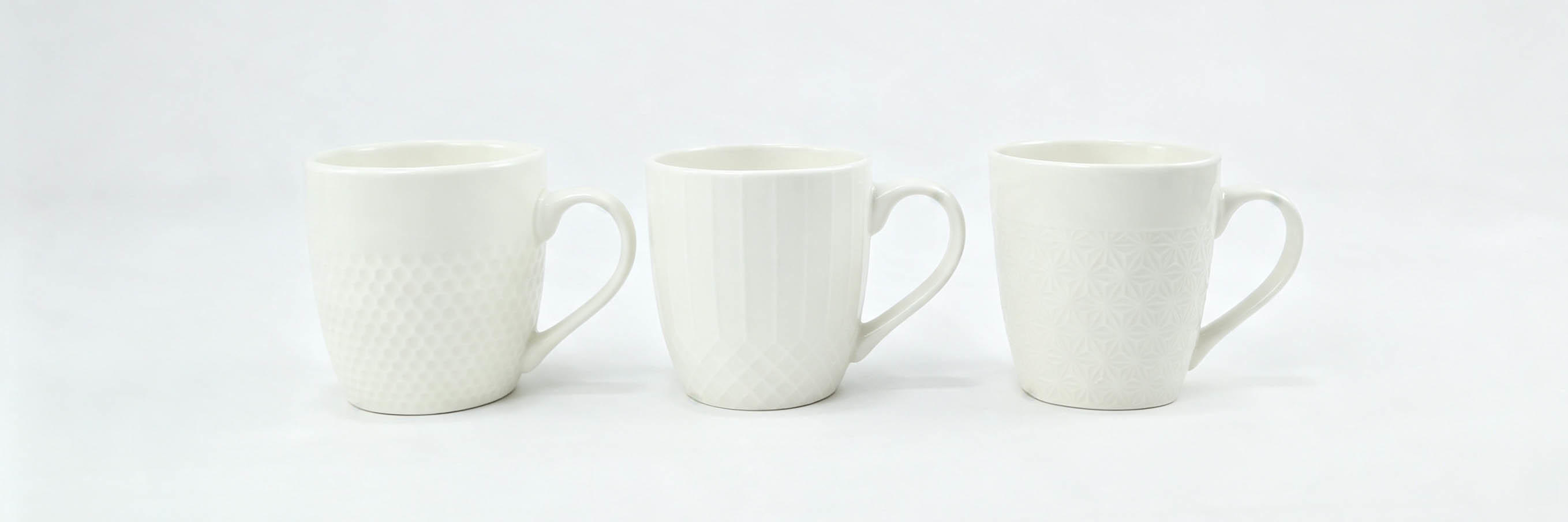 6‑Piece Embossed White Ceramic Mug Set, Assorted Textured Solid‑Color Coffee Mugs