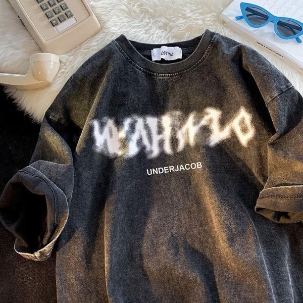 Etiquetas personalizadas T-shirts masculinos de algodão pesado Impressão gráfica lavagem ácida T-shirt vintage