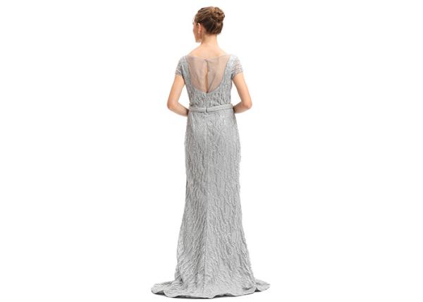 Deep V Neck Bridal Bridesmaid Dresses , Grey Color Ladies Evening Dress With Sash