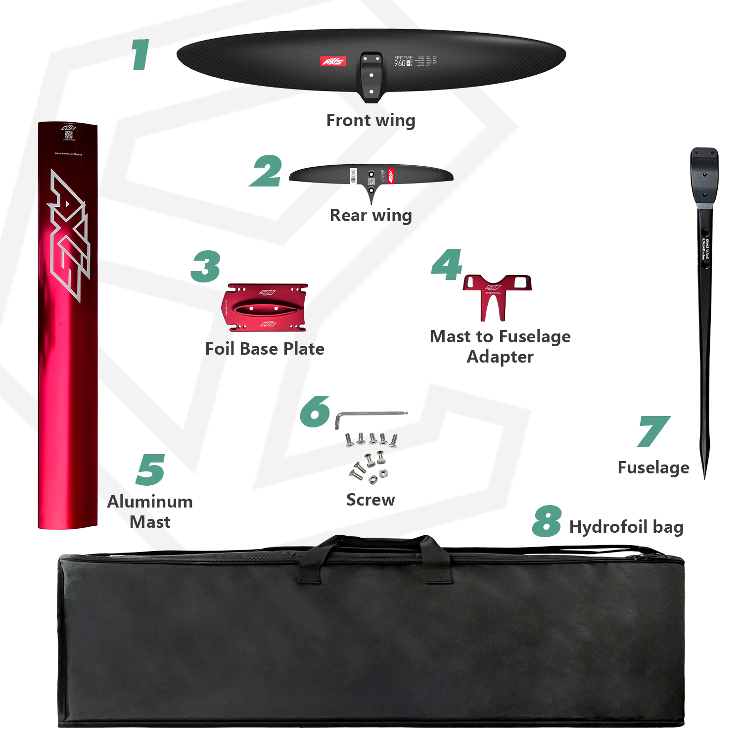 AXIS SPITFIRE 960 Complete Wing Hydrofoil with 1196cm² Front Wing and 7.84 Aspect Ratio for Freeride and Wave Riding