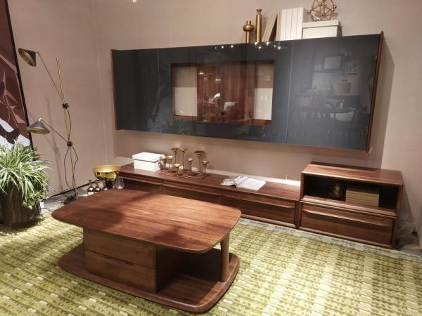 2017 New Walnut Wood Furniture Design Living room Combined TV Wall Units by Tall Cabinets and Floor stand & Hang Racks