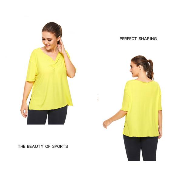 Richee Yellow Side Slit Plus Size V Neck T Shirts Womens Yoga Tees Short Sleeve