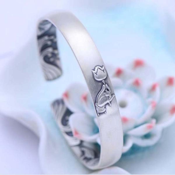 Adjustable Retro Sterling Silver Cuff Bracelet Engraved Flower(XH056244W)