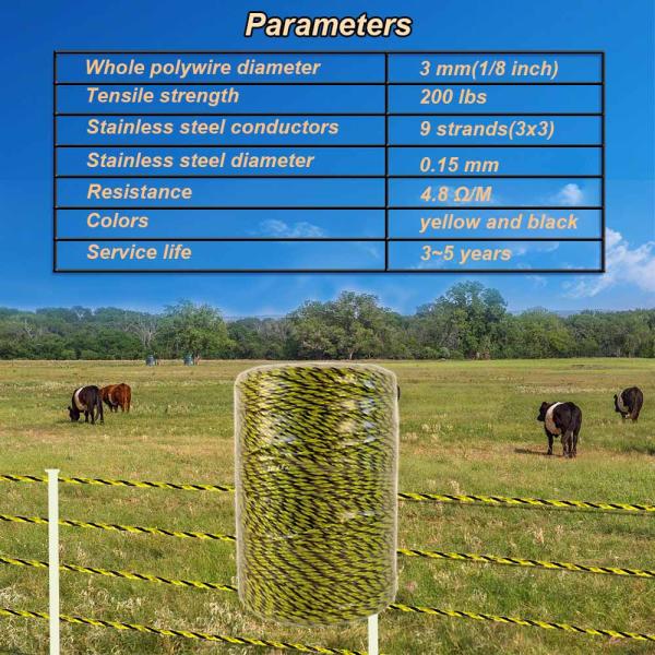 Portable Electric Fence Polywire, Electric Fence Wire with 9 Strands Stainless Steel Conductors for Reliable Conductivity, UV Rust Resistant