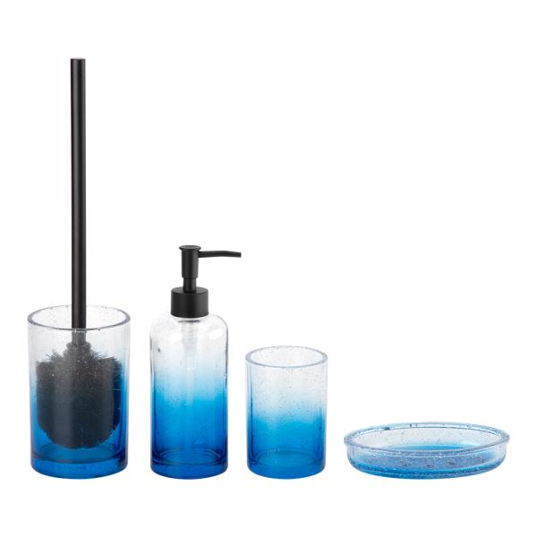 Vêtement bleu ombre accessoires de salle de bain moderne avec forme ronde dispenseur de lotion en verre bouteille accessoires de salle de bain de luxe pinceau
