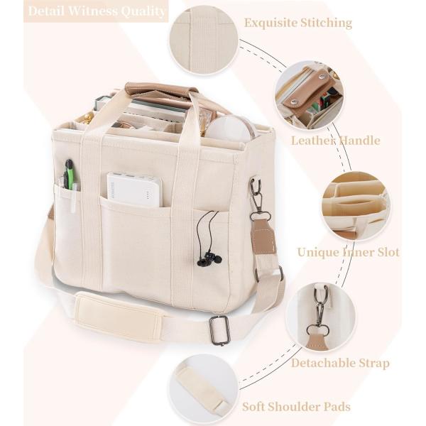 Canvas Tote Bag with Multi Pockets Crossbody Tote Bag for Women Trendy Shoulder Handbag Everything Tote Bag with Compart