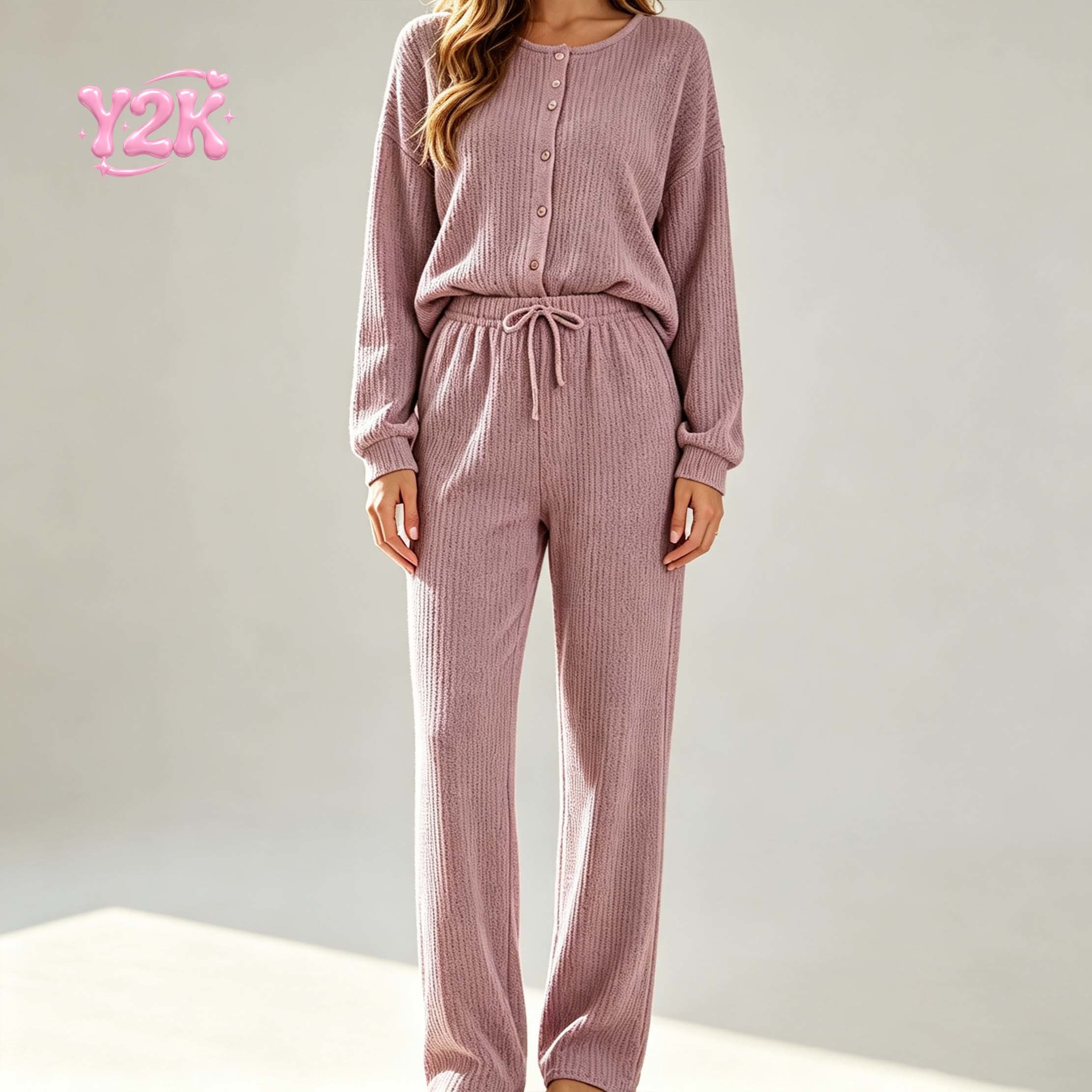 Custom Women's Waffle Knit Henley Top Wide Leg Pants Set