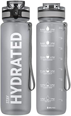 32oz Motivational Sports Water Bottle with Time Marker - Times to Drink - Tritan, BPA Free, Wide Mouth Leakproof,