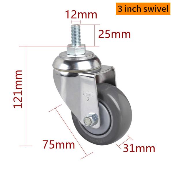 Industrial TPU 3 Inch Caster Wheels 130kg Chrome Coating Threaded Swivel / Brake