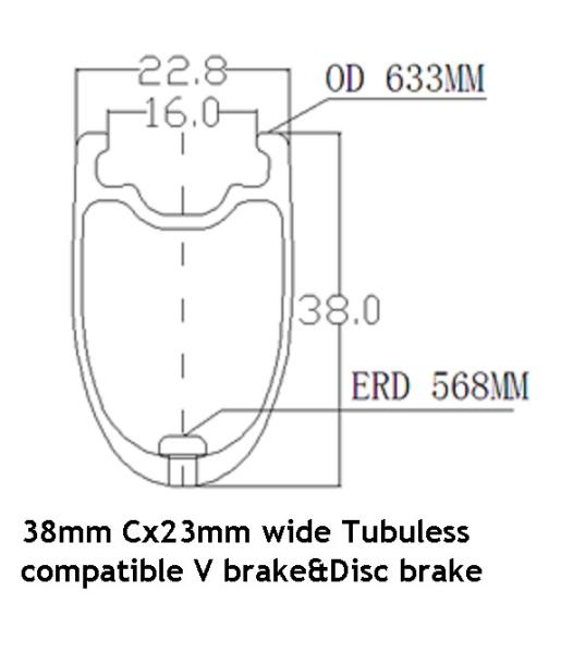 Tubuless Compatible Carbon Rim 700C 38MM 23mm Wide Road Bicycle Clincher Tubuless Rims Used for V&Disc Brake Basalt Surf