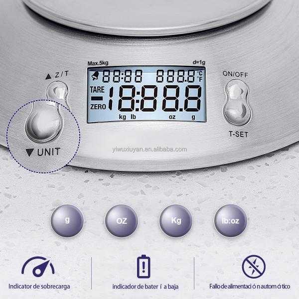 Escala de cocina digital de acero inoxidable de alta precisión 5 kg / 1g con tazón de masa de masa removible y batería de tiempo de habitación
