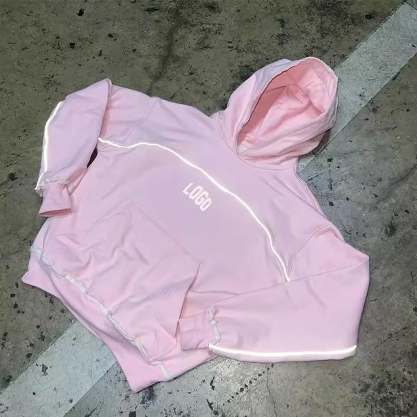 Custom pink Fashion Streetwear Hoodie Oversized 100% Cotton Fleece Drop Shoulder Reflective Embroidery Print Hoodies Men