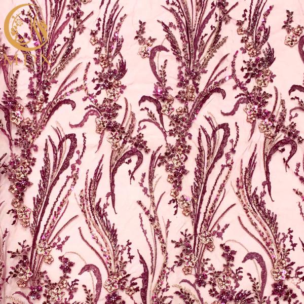 Purple 3D Embroidery Lace Fabric 0.9144 Meter For Nigerian Wedding Dress