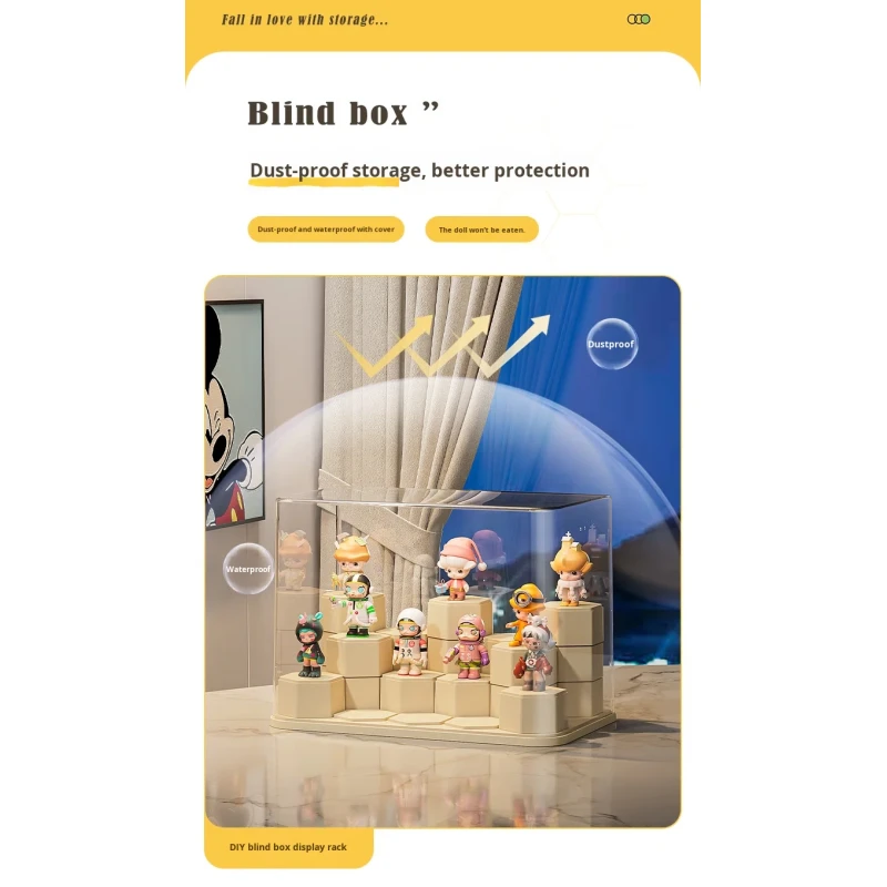 Hot Selling Acrylic Transparent Dustproof Blind Box Display Stand Storage Box with Building Block for Pop Mart Display