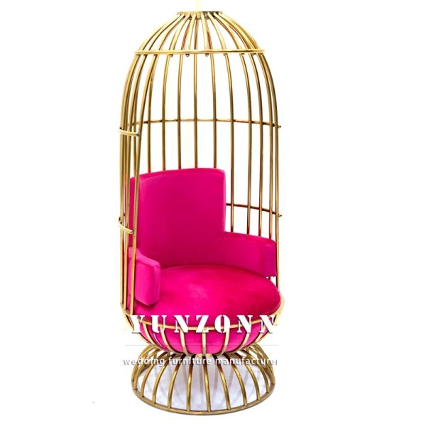 King Gold Throne Chair with Fancy Leather Bird Cage Shape Cushion Stainless Steel for Hotel or Living Room Event Furniture