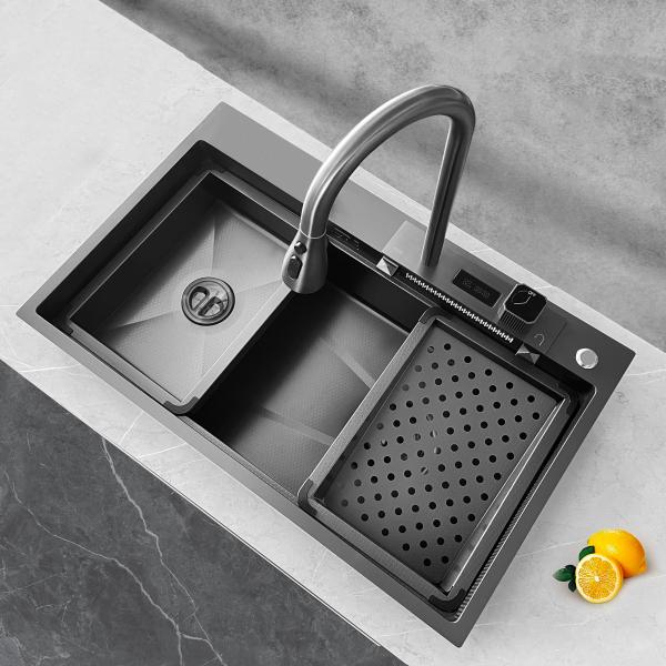Smart Digital Display Stainless Steel Pull Out Waterfall Faucet for Grey Square Bowl Shape Sink