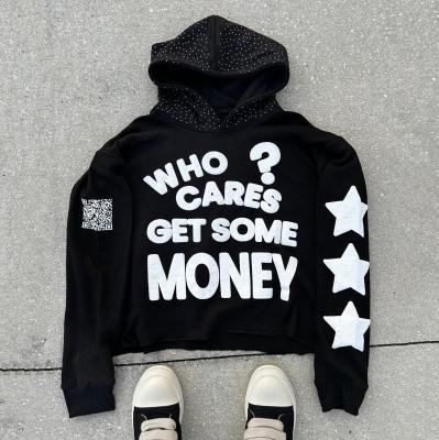 Rhinestone Black 3d Custom Puff Print Hoodie Pullover 100% Cotton Heavyweight Boxy Oversized Men