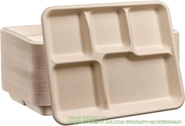 Compostable 6 Compartment Plates, 90 Pack Compartment Paper Plate, 12.5 * 8.6 inch Disposable School Lunch Trays