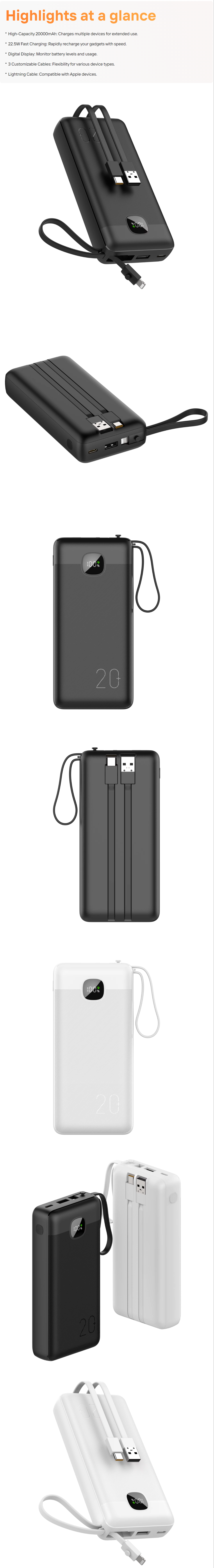 Besiter 20000mAh High-Capacity Power Bank 22.5W Digital Display USB Input 3 Customizable Cables LI-Polymer Battery Personalized