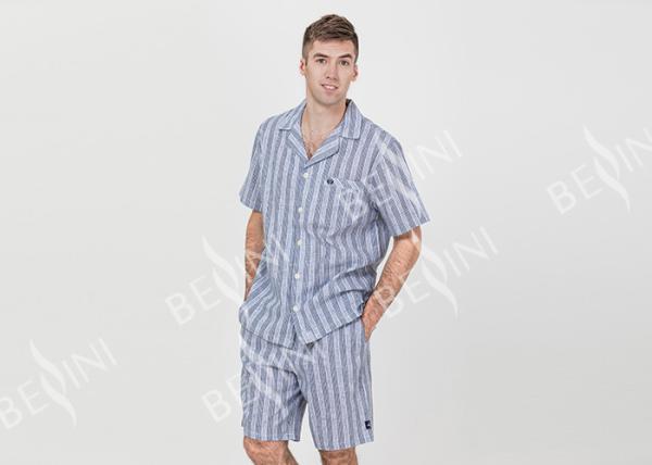Anti Pilling Mens Luxury Sleepwear Woven Cotton Linen Yarn Dyed Pajamas Shorts