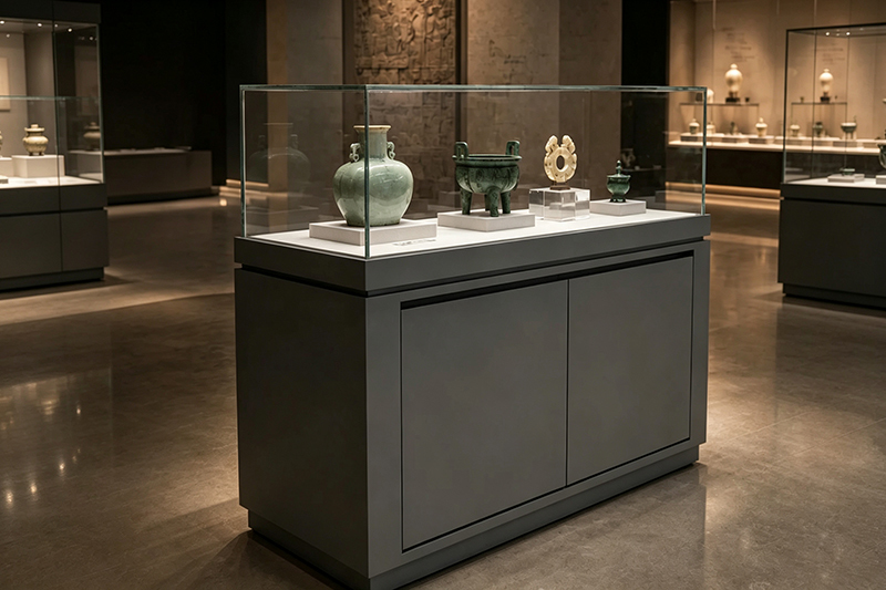 Anti-Glare Four-Sided Glass Museum Exhibit Cabinet With Adjustable Riser Blocks And Double-Door Storage Base