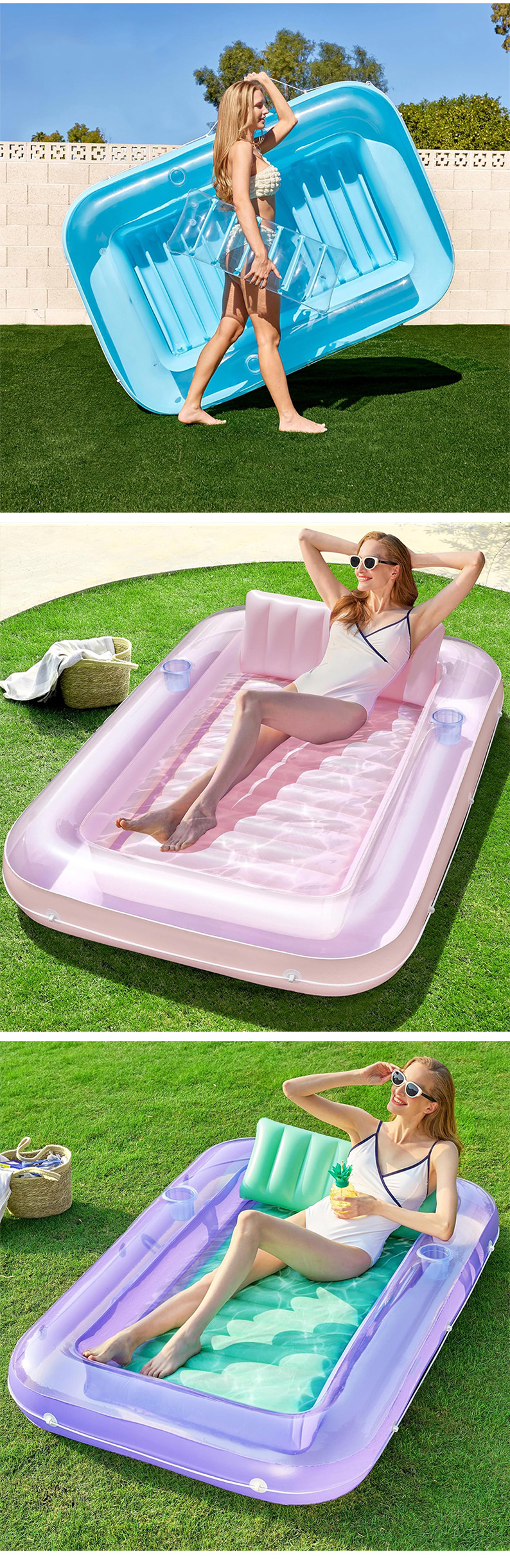Inflatable Floating Raft with Cup Holder, Tanning Pool Lounge Chair, Beach Sunbathing Pool, Inflatable Transparent Floating Bed