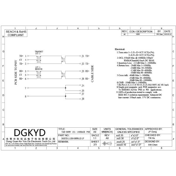 Single Port 100Mb Integrated Magnetics Network Jack Rj45 POE Connector