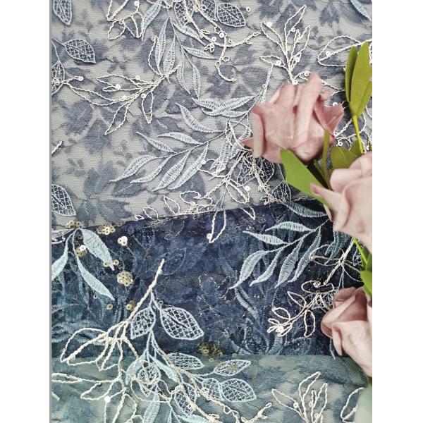 Голубой вышитый Тюль шнурует шнурок цветка ткани с Sequins