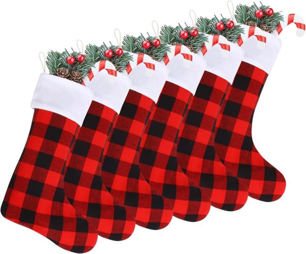 Christmas Red Black Buffalo Plaid Stockings Large Plaid Stockings with Plush Cuff Classic Christmas Stockings Decoration