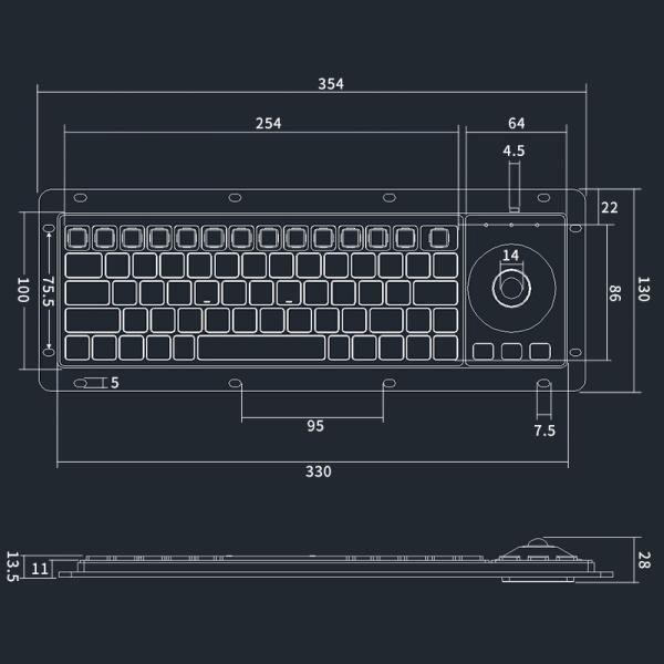 Low-cost Rugged Panelmount Plastic Keyboard With Tiny Trackball and 68 Keys