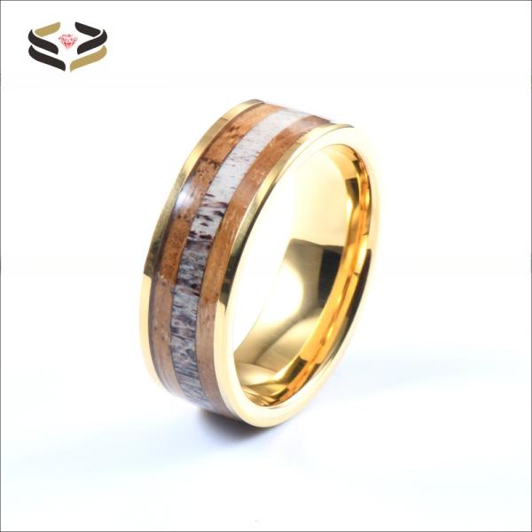 Wedding Whiskey Barrel Wood Antler Ring Inlay Gold Custom Tungsten Carbide Rings Men
