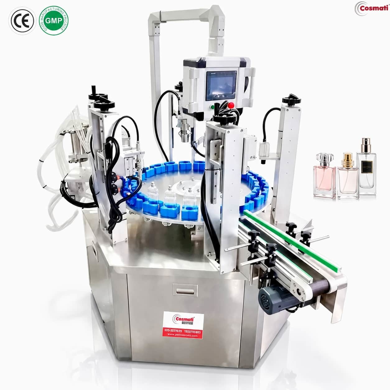 Automatic Rotary Perfume Filling Machine Fragrance Oil Bottle Cleaning Crimping Collaring Line