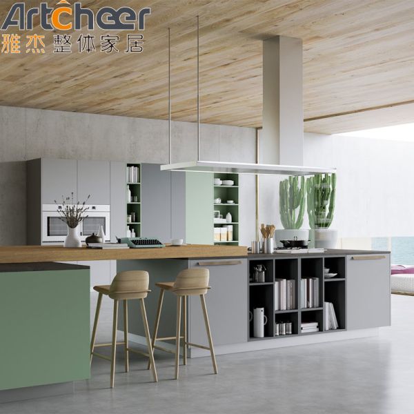 Modern Design Green Color Kitchen Cabinets with 3 Years Warranty for Home and Commercial Use