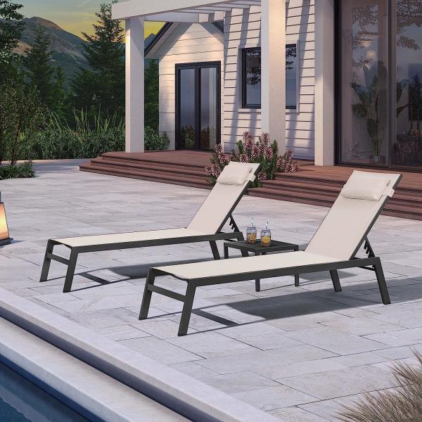 Outdoor Lounge Chair Set Aluminum Patio Chaise Lounger Side Table and Pillow Outside Pool Beach Sunbathing Tann