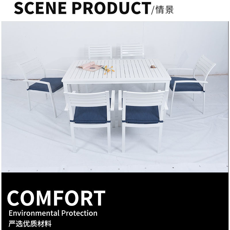 Modern Garden Furniture Dining Table Set with 6 Seater Wood Table and Metal Chairs