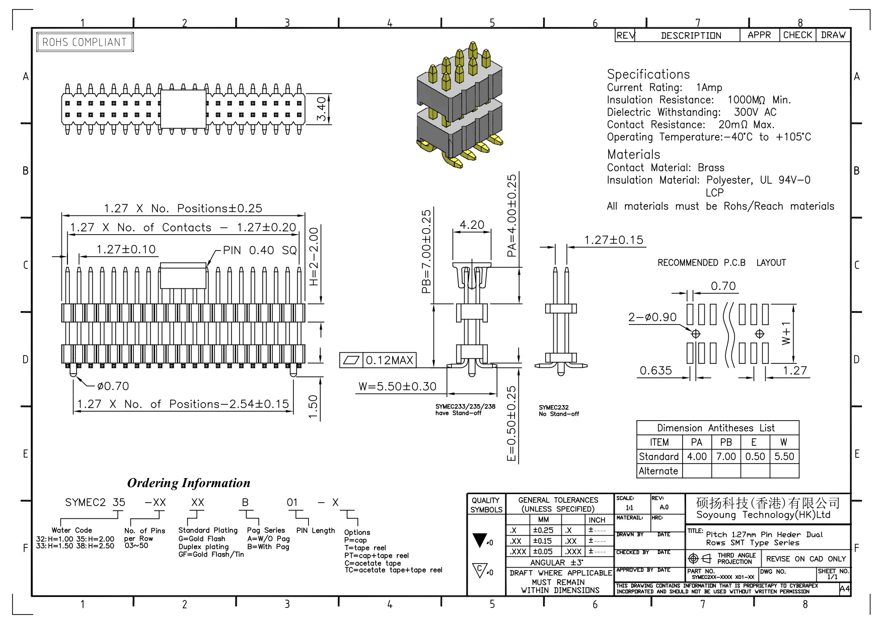 Стога прямой SMT строки соединителя 1.27mm Serise заголовка Pin тип двойного с колышками 2*3PIN к 2*40PIN SQ0.40mm