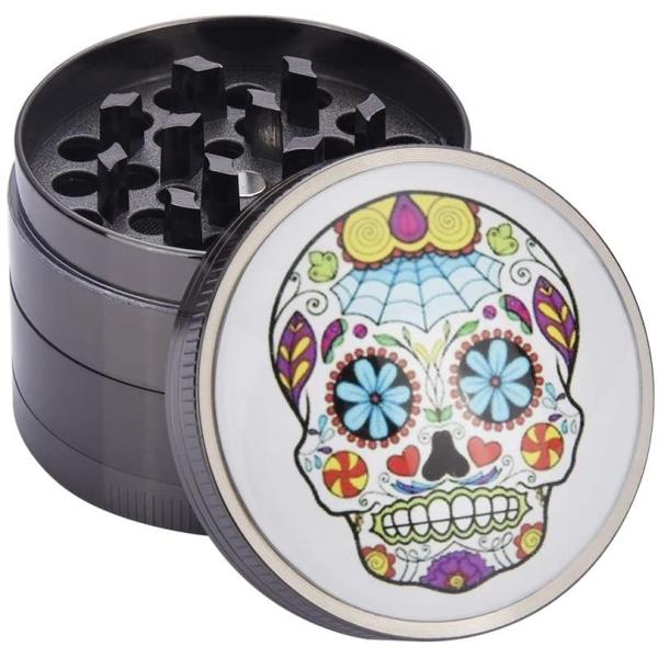 Skull Pattern 2" Aluminum Spice Grinder With Pollen Catcher
