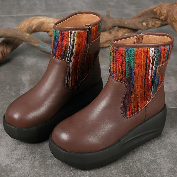 S031 Winter new fleece warm leather women's boots original leather hit color casual slope heel platform women's boots
