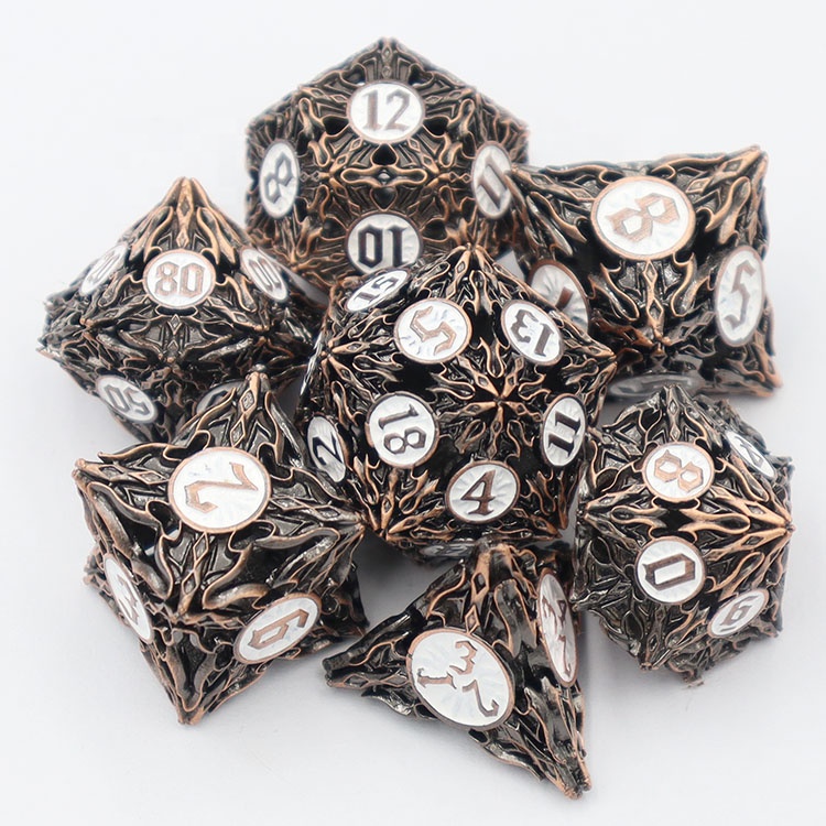 Custom Brass Hollow Dice Set with Polyhedral Design and Personalized Logo for DND Games